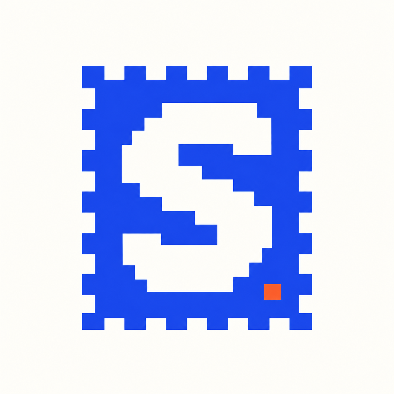 Blue pixel StampPaid seal with white S and orange corner